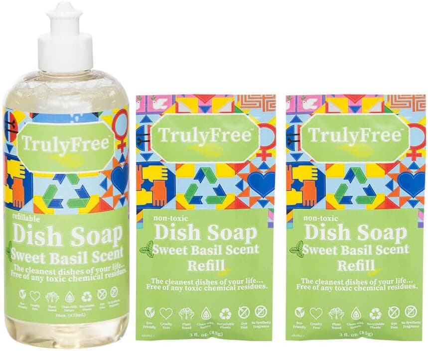 Truly Free Non-Toxic Natural Liquid Dish Soap | Long-Lasting, Sweet Basil Fresh Scent | Includes: 1 Empty Refill Squeeze Bottle (16oz), 2 Refill Packs Starter Kit