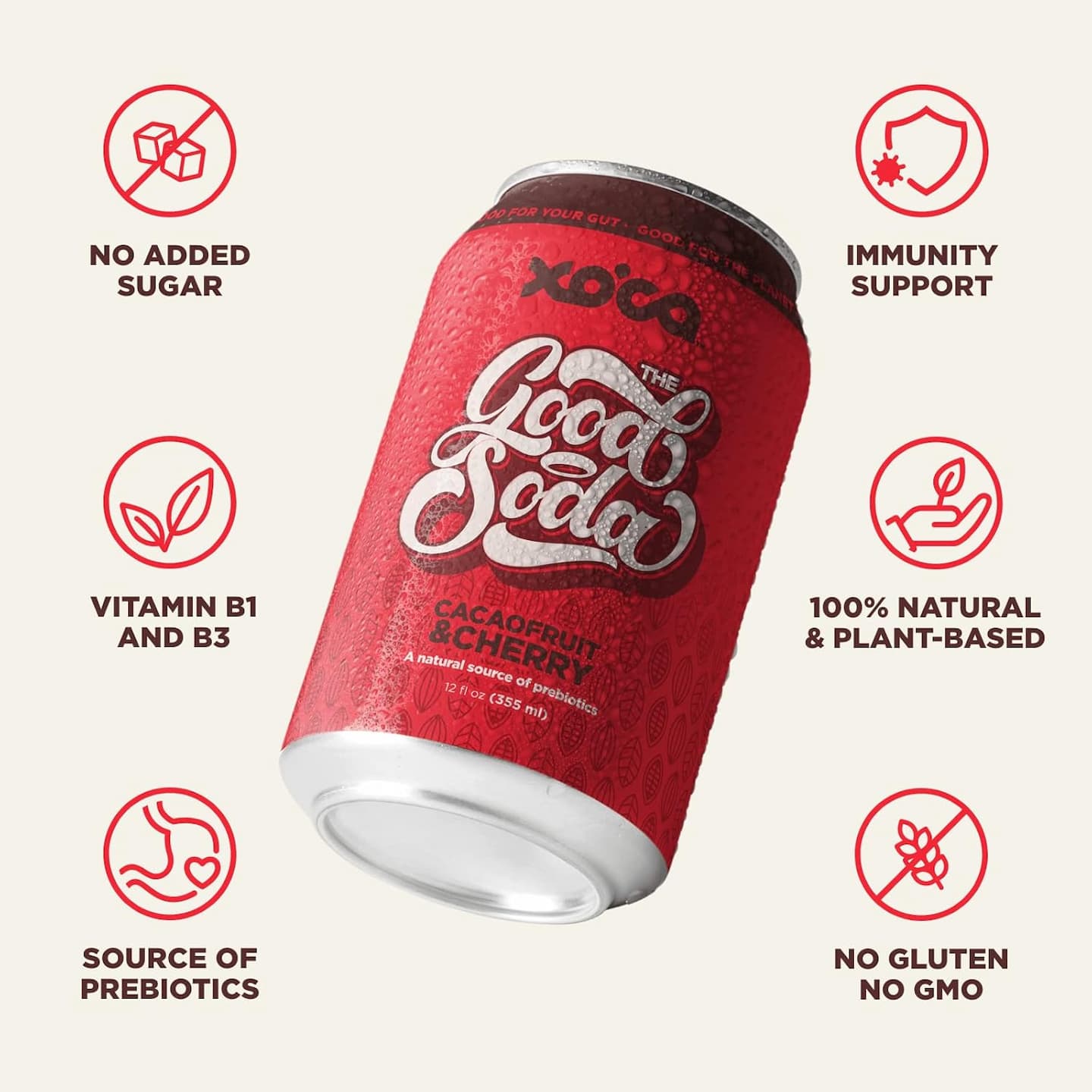 Xoca Sparkling Prebiotic Cherry Soda with Gut Health & Immune System Benefits, Beverage made with Cacaofruit Juice, Filtered Sparkling Water, Cherry Juice, Low Calorie, 12oz (8 Pack) Cherry 12 FL Oz (Pack of 8)