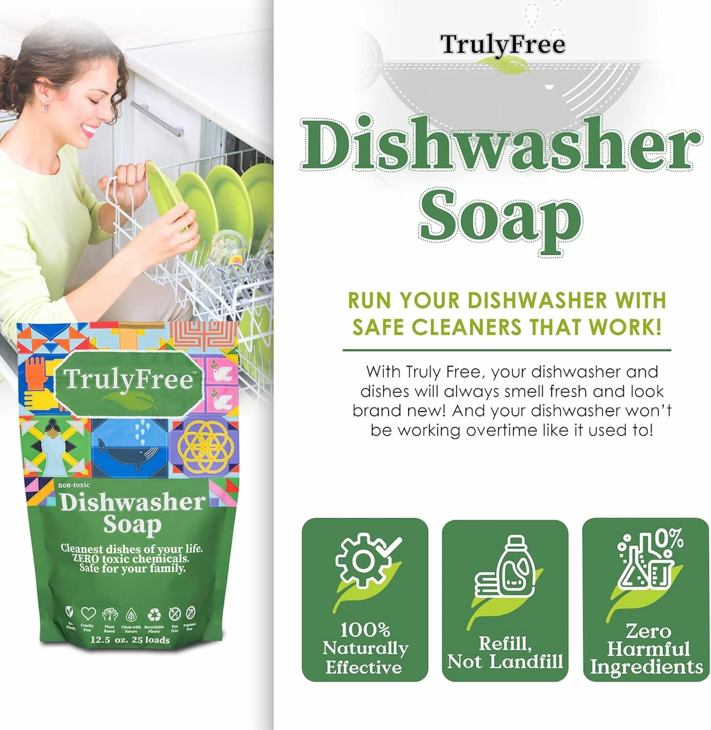 Auto Dishwasher Soap, 12.5oz Bag - Natural Concentrated Formula - Dish Soap, Dishwasher Detergent Cleaning Supplies, Hard Water Stain Remover, Sparkling Clean Dishes, No Harmful Ingredients